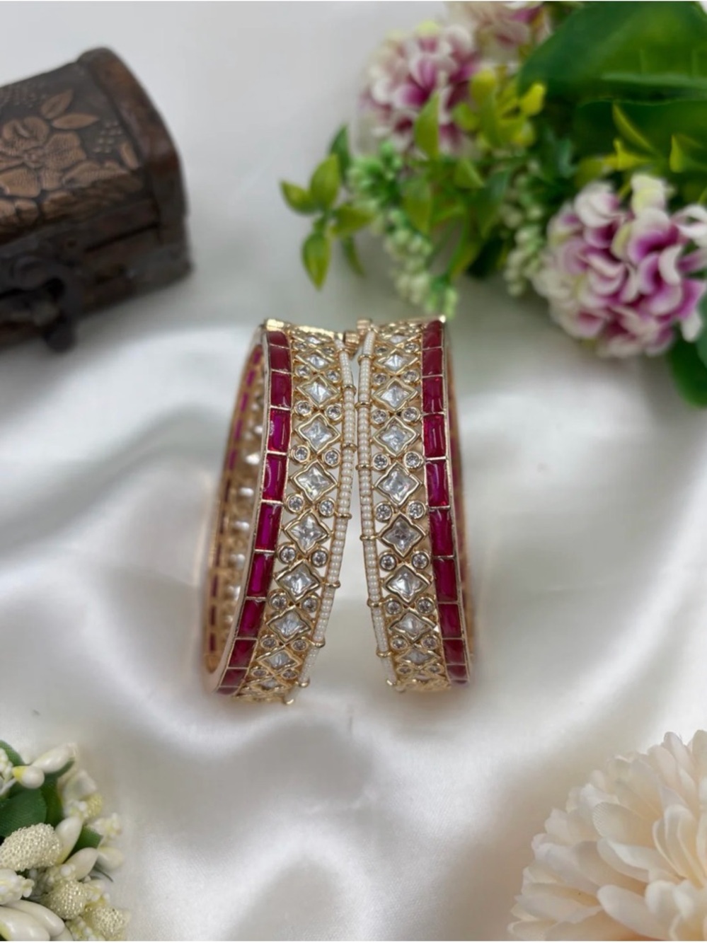 Gold-Tone Pink Stone and Crystal Bangle Set - pair, openable